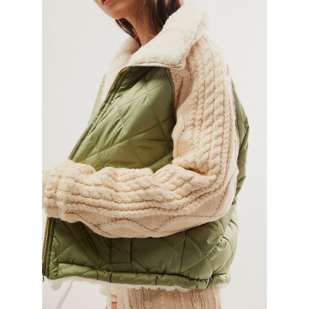 Free People Blank NYC Going Public Jacket Warm Puffer Chunky Cable Sweater Knit